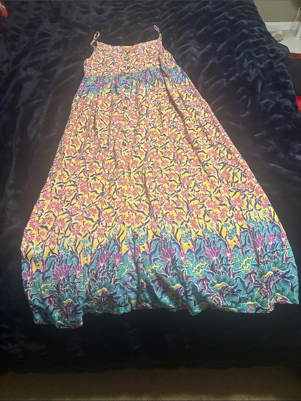Rainbow Yellow Floral Maxi Skirt with Purple and Teal Accents